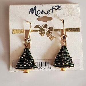 VTG‎ Monet Stylized Christmas Tree Earrings Green Enamel Gold Tone On Card 60's